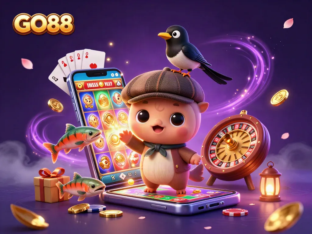 Engage with GO88's thrilling experience featuring playful characters and dynamic gaming elements in a vibrant casino scene.
