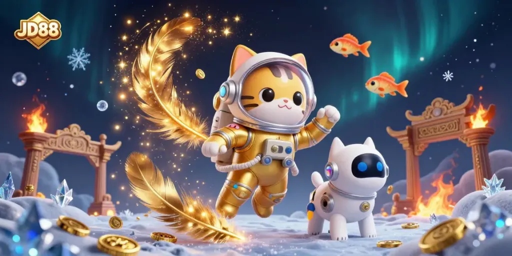 Experience JD88's unique gaming atmosphere with a vibrant illustration of an astronaut cat, robot dog, and alien fish in a cosmic setting.