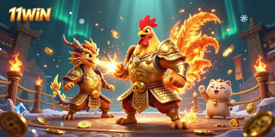 11WIN showcases immersive casino excitement with fighting rooster and dragon warrior scene.