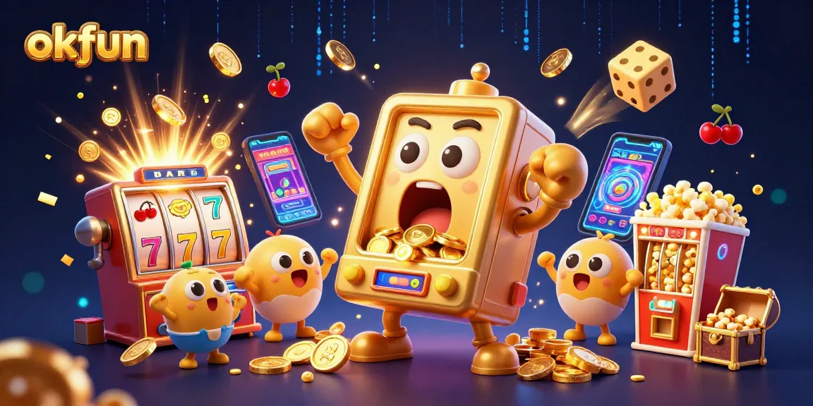 Engage in exciting jackpots with okfun's animated golden slot machine celebrating wins.