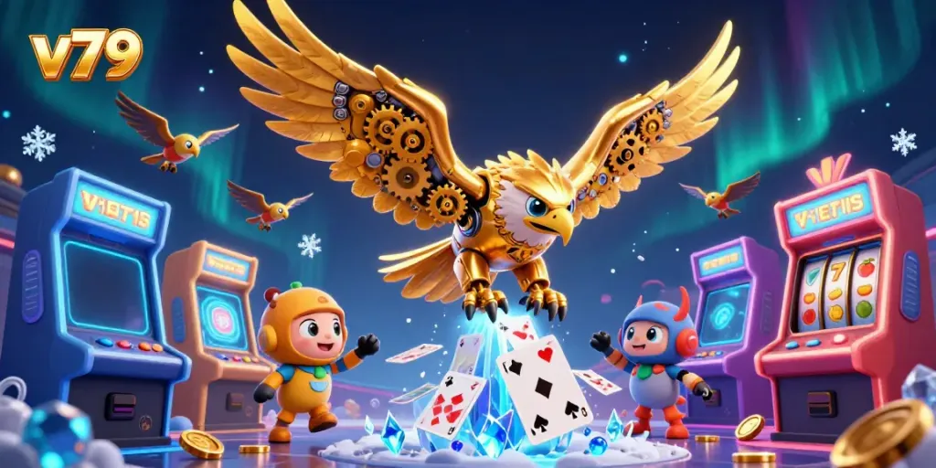 Experience the thrill of v79 with a stunning illustration of a cybernetic eagle amidst casino games.
