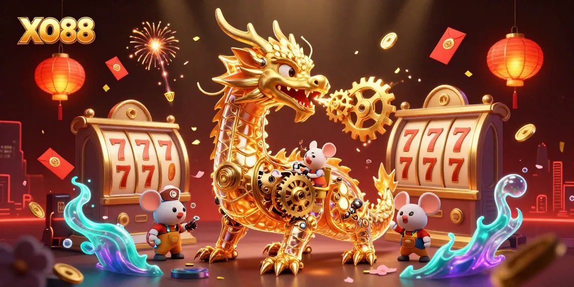 Experience the thrill of XO88 with a dragon and slot reels amidst golden symbols and vibrant casino elements.