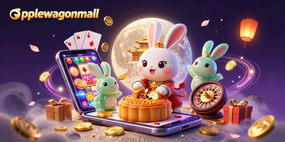 Engage with applewagonmall's vibrant casino scene featuring a moon rabbit, slot games, and rich decorations.