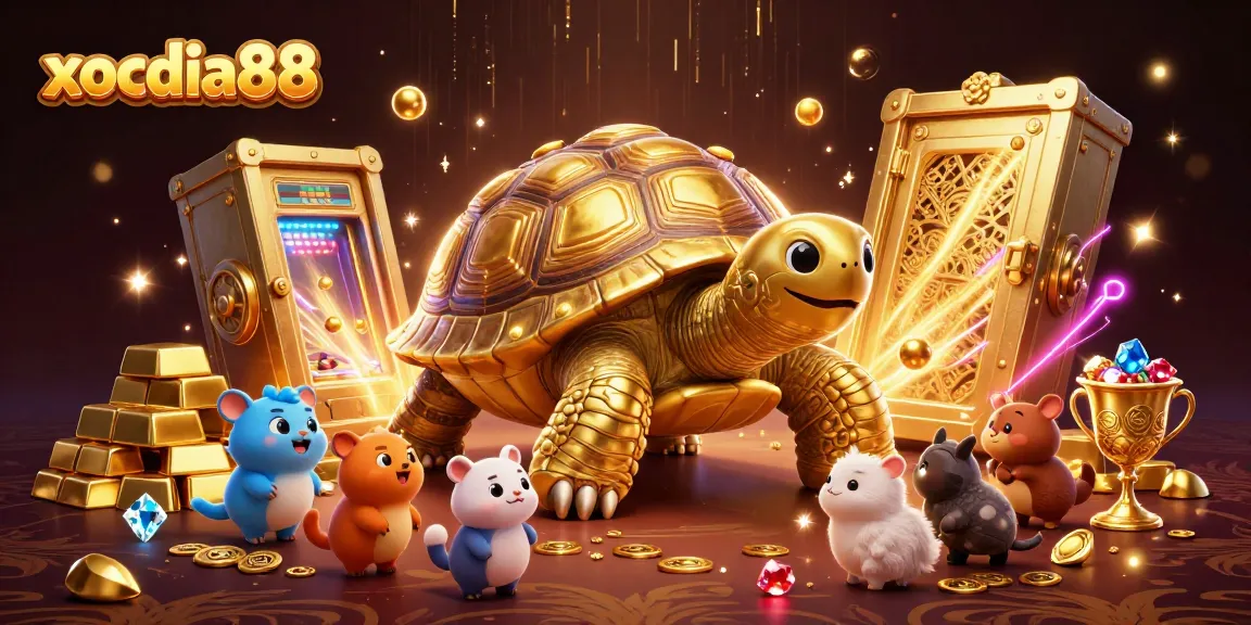 xocdia88 offers a vibrant 3D casino scene featuring a golden tortoise pinball machine and gleaming treasures.