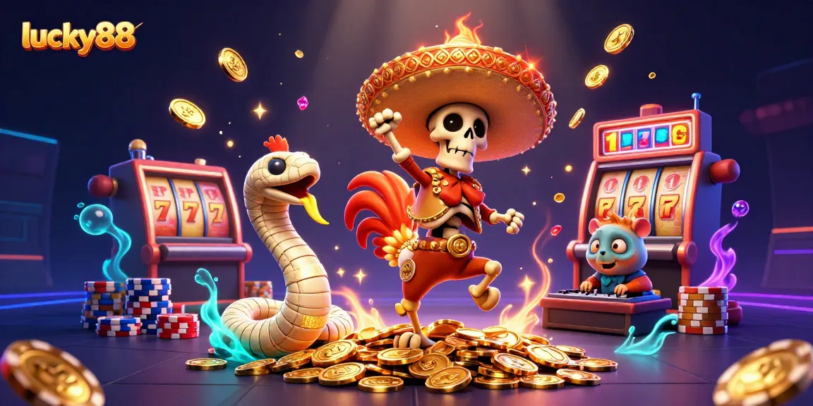 Win big with lucky88 as a mariachi rooster celebrates on a pile of coins.