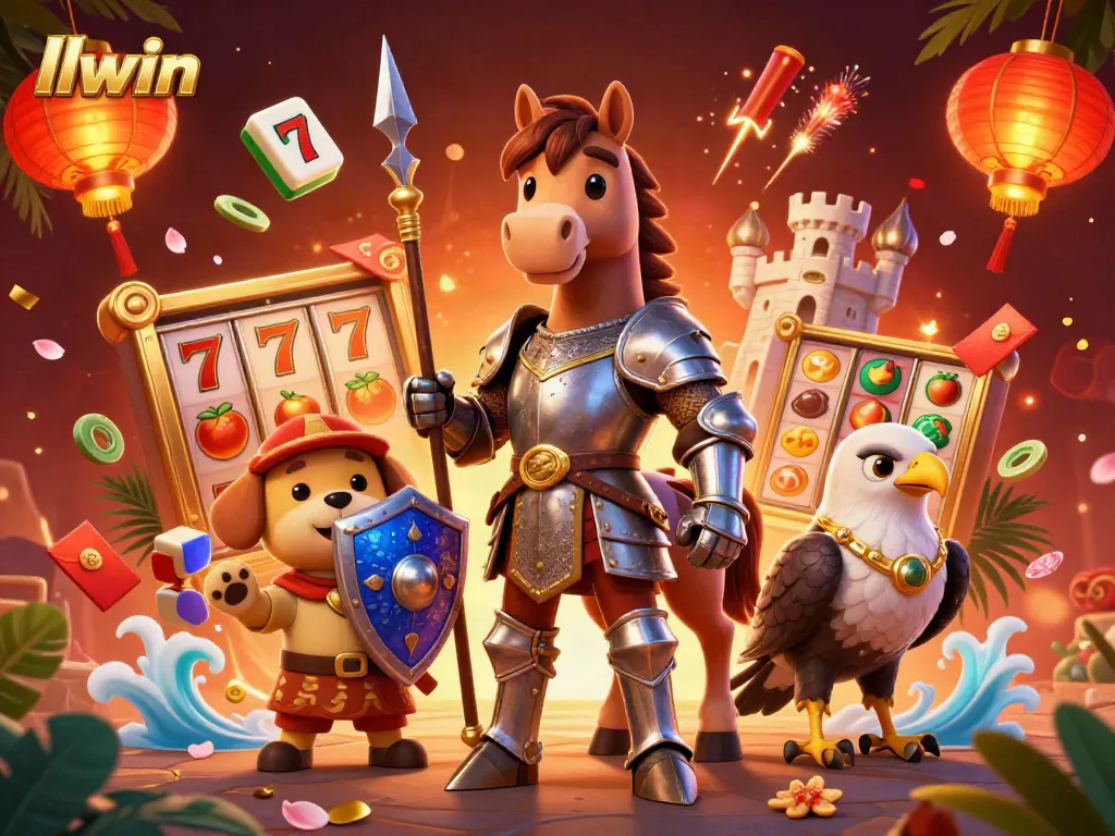 Experience thrilling wins at llwin casino with a dynamic 3D illustration featuring knightly characters and vibrant slot game elements.