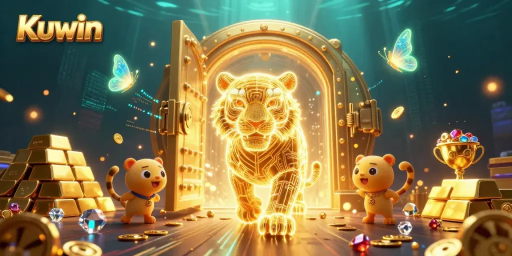 Kuwin showcases a golden tiger in a vibrant digital casino with treasures and light effects.