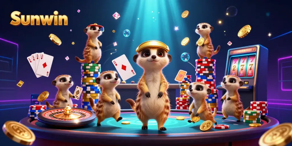 Sunwin meerkats running a vibrant casino with dynamic gaming elements and golden coins.