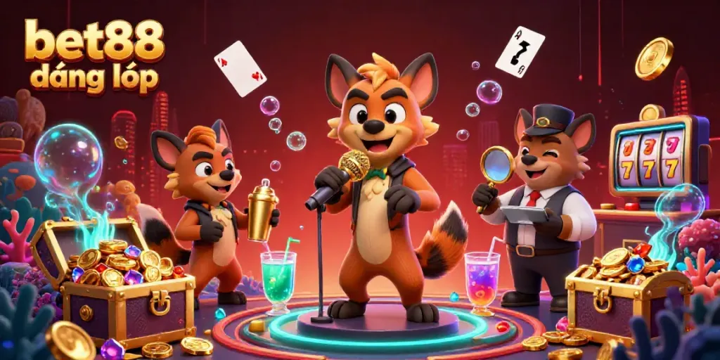 Engage with the lively comedy atmosphere at bet88 đăng nhập, featuring hyenas in a colorful casino.