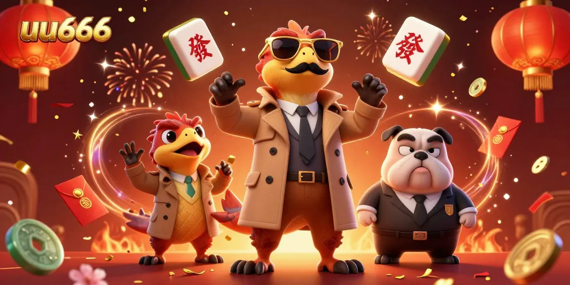 Players engage at a vibrant VIP casino themed around uu666, featuring colorful raptors and floating Mahjong tiles.