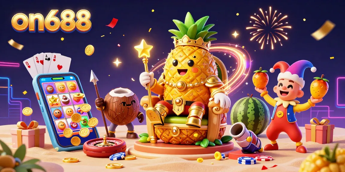 Spin the reels of on688 in a vibrant casino scene featuring a golden pineapple king and dynamic game elements.