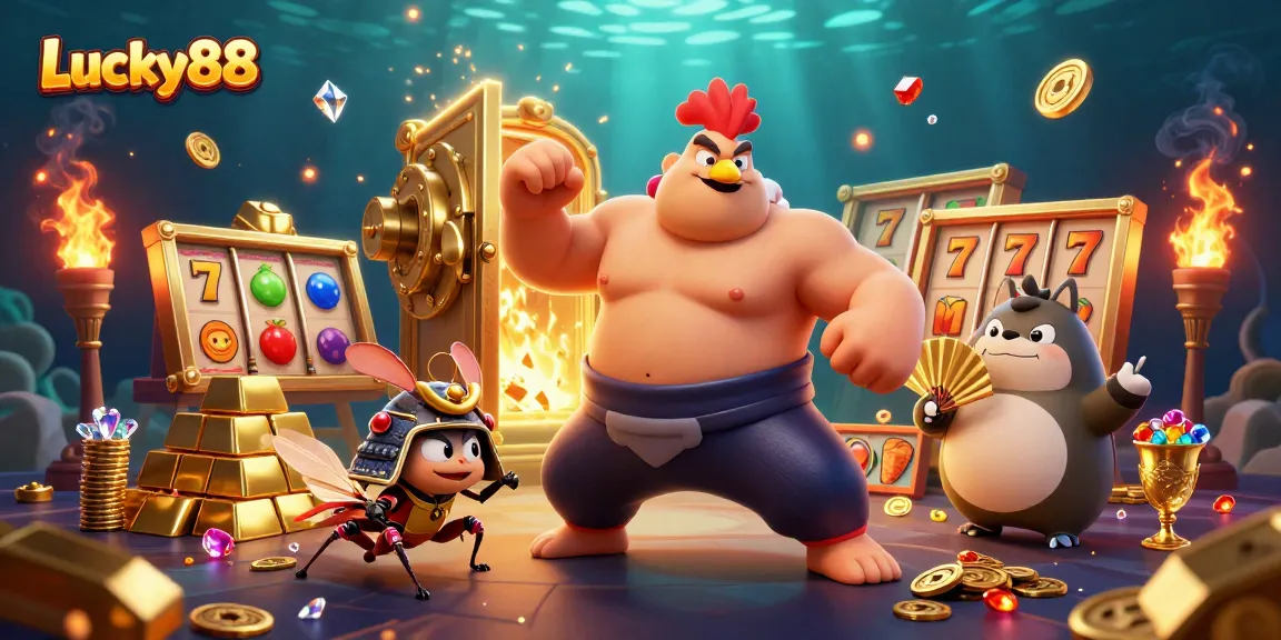Experience the excitement of Lucky88 with vibrant slot reels and dynamic characters in a dazzling 3D casino scene.