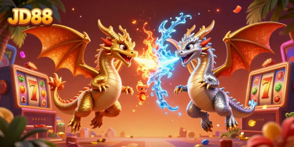 Engage with JD88's vibrant casino atmosphere featuring golden and silver dragons amidst lucky slot elements.