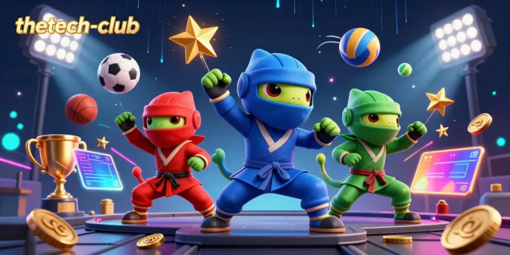 Thetech-club showcases ninja chameleons engaging in dynamic sports betting action with colorful backgrounds.