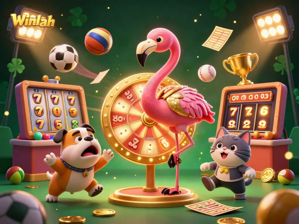 Spin to win with Winlah in a vibrant 3D casino scene featuring exciting game elements and lively characters.