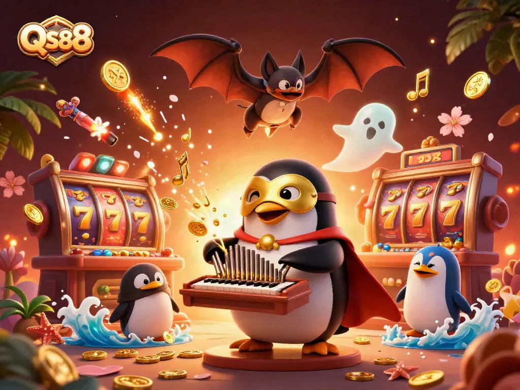 Experience the excitement at QS88 with the cartoon penguin playing slots and golden coins flying around.