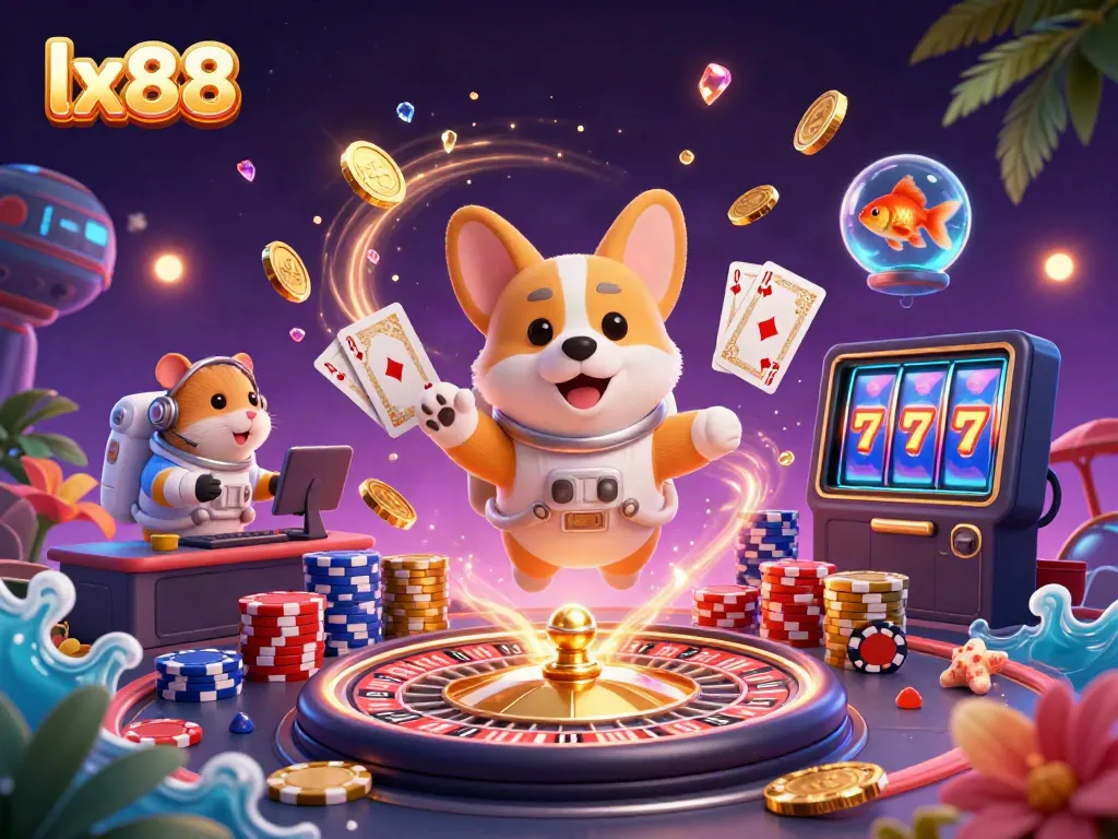 Experience the excitement of casino gaming with lx88, featuring floating coins and a playful astronaut corgi.