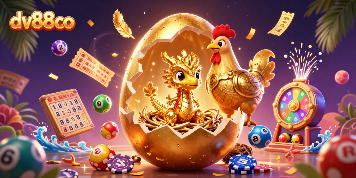 Spin the reels with dv88co's vibrant gaming scene featuring a golden dragon and poker chips!