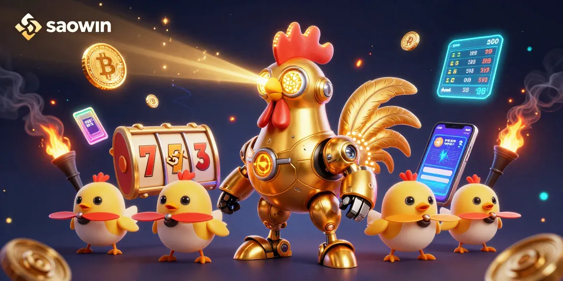 saowin slot game excitement with a golden robot and baby chick drones amidst vibrant graphics