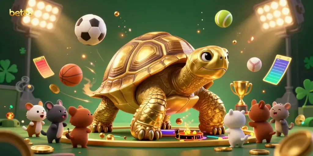 Experience the lively energy of bet88 with a colossal golden tortoise pinball machine, sports elements, and golden trophies in a vibrant casino scene.