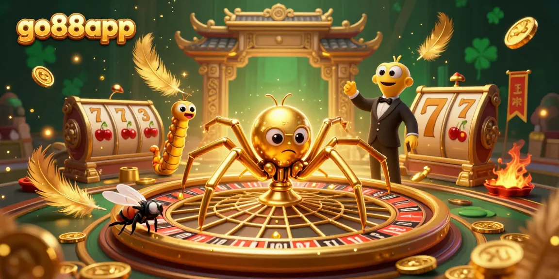Engage with go88app, featuring a vibrant online casino scene with a golden spider and centipede dealer.