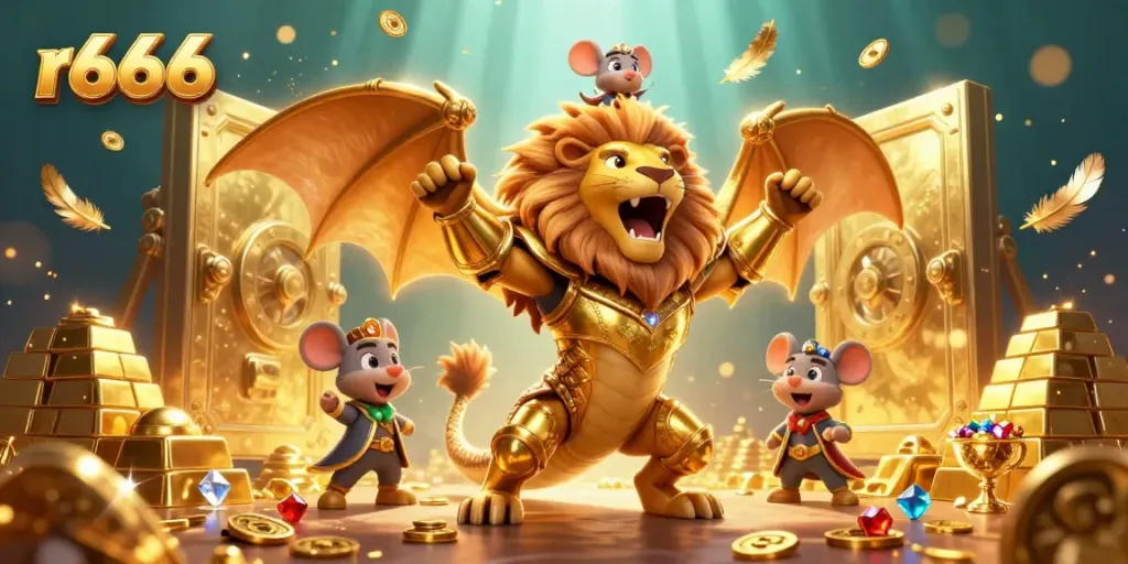 Engage in thrilling gameplay with the r666 mascot, a chimera creature in a bustling casino setting.