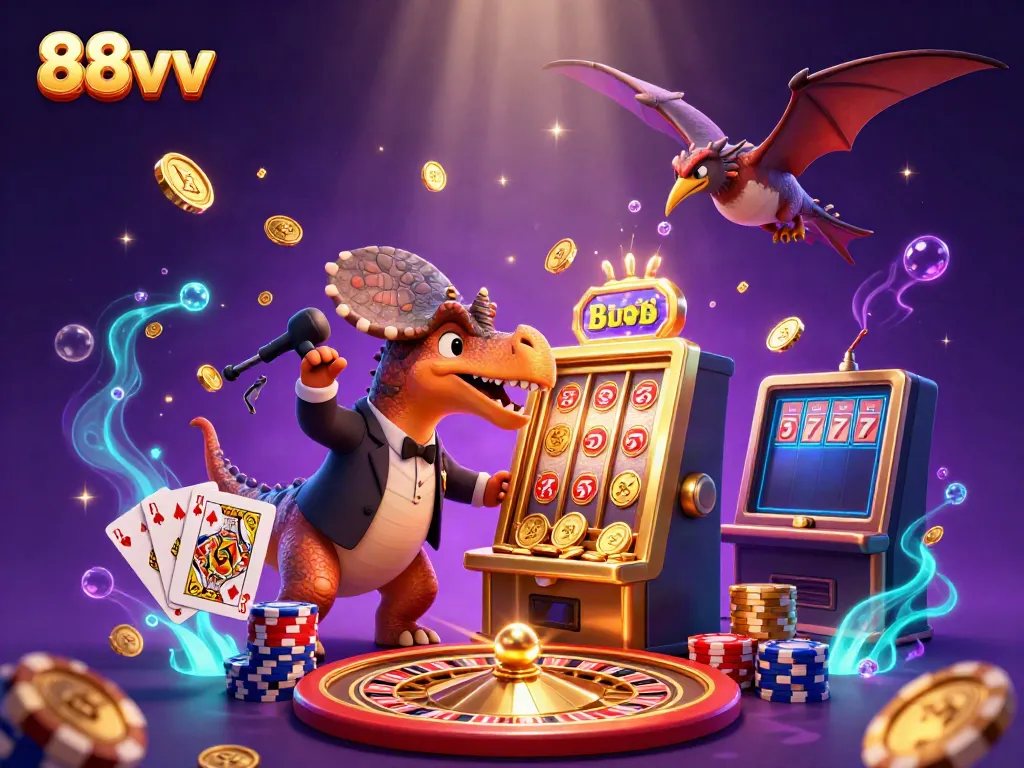 88vv features a dinosaur-themed casino scene with a pachycephalosaurus winning on a slot machine.
