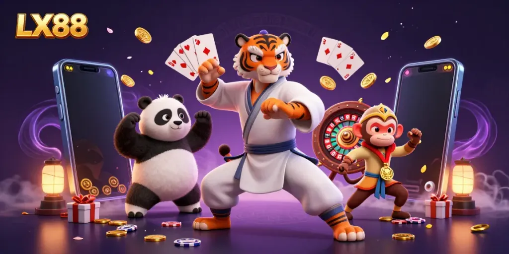 Experience the excitement of LX88, where a kung fu tiger, panda disciple, and monkey celebrate gaming riches.