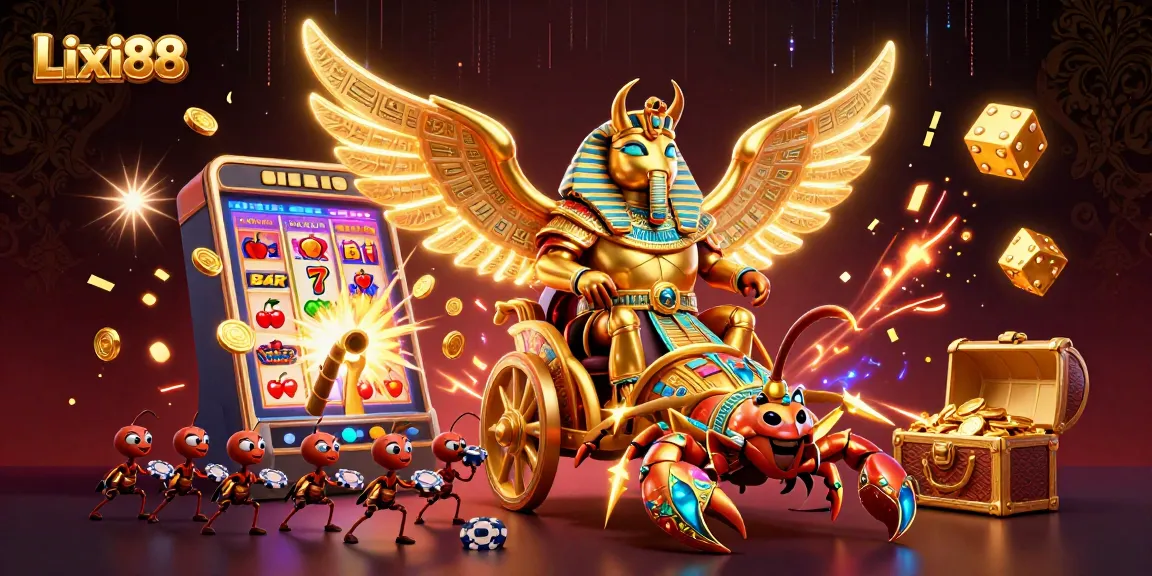 Lixi88 features a colossal golden scarab beetle directing a colorful casino extravaganza with jackpot excitement.