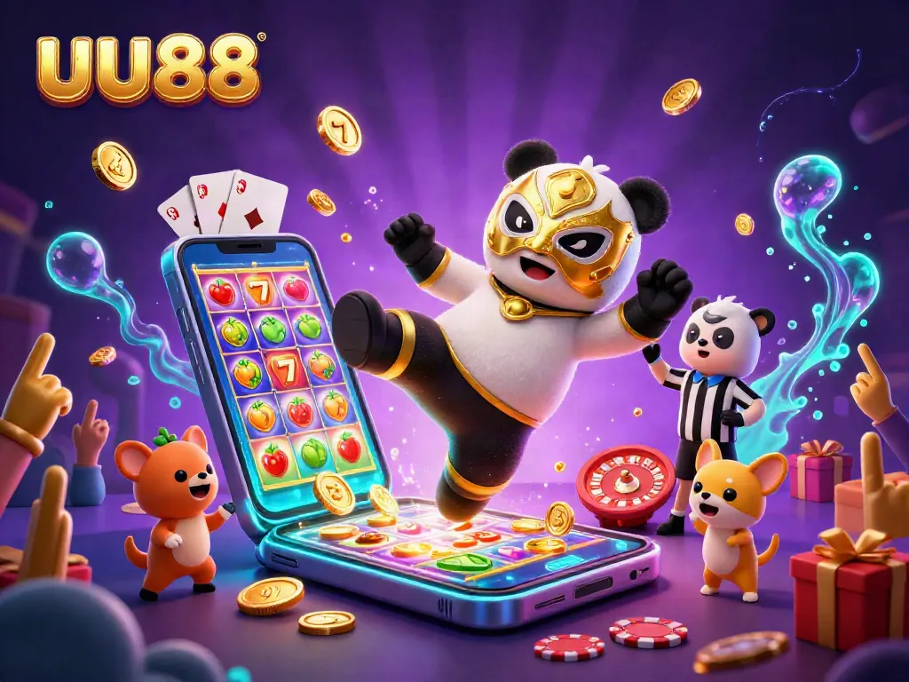 Experience the excitement of uu88 with a lively scene of a panda wrestler kick, surrounded by vibrant casino games.