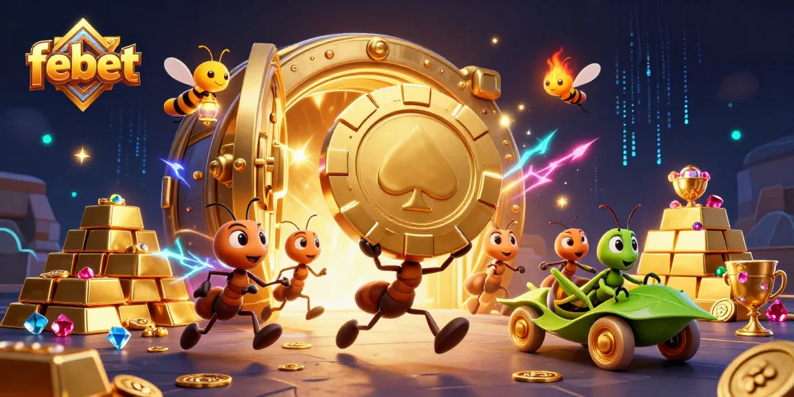 febet players embarking on a thrilling heist with oversized poker chips and gems, under neon-lit energy