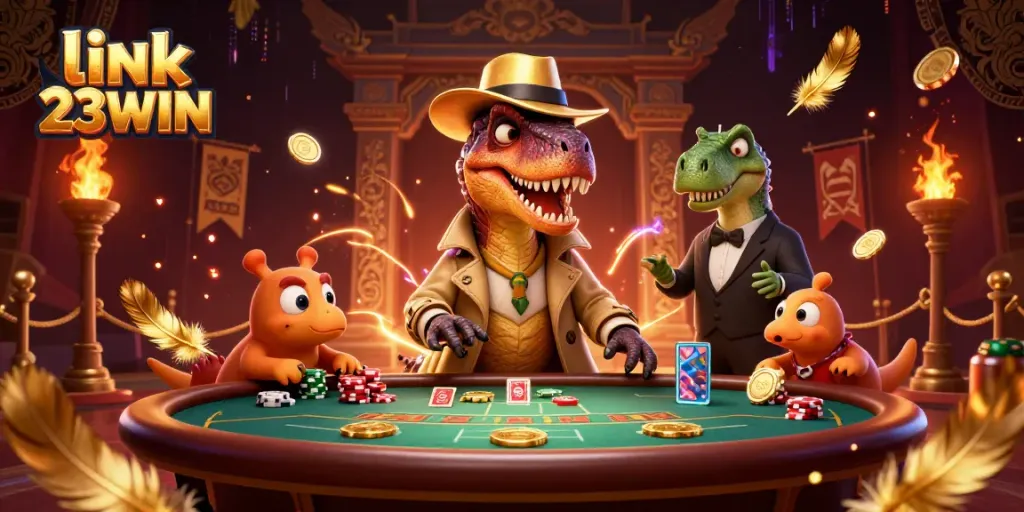 Immerse in link 23WIN's thrilling casino scene featuring a velociraptor card counter and stegosaurus pit boss.