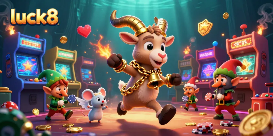 Experience dynamic gaming action at luck8, featuring a whimsical casino scene with a Krampus goat and mischievous elves.