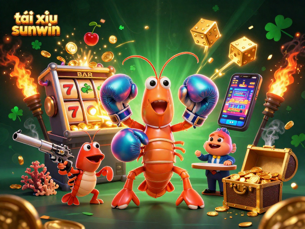 Engage in tài xỉu sunwin excitement with vibrant shrimp characters, slot machine jackpot, and rich casino elements.