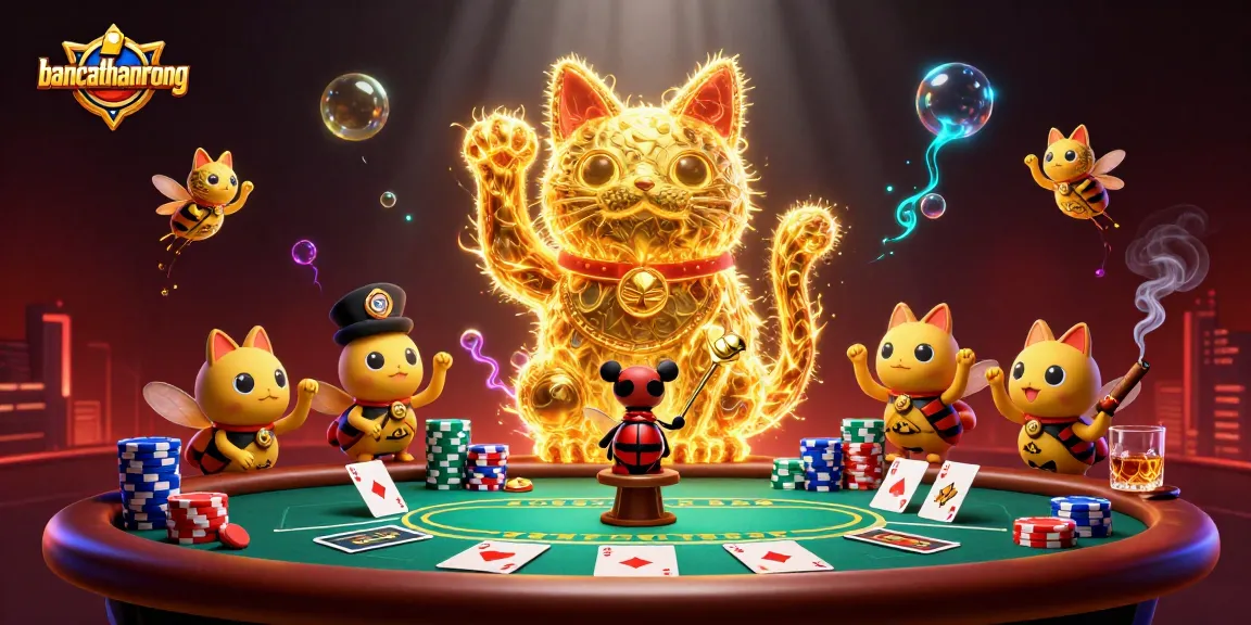 Bancathanrong creates excitement with a vibrant lucky cat, poker elements, and dynamic casino atmosphere.