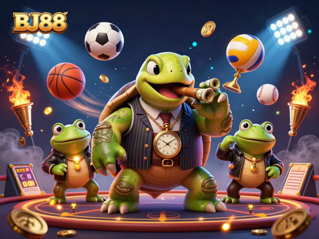 Experience thrilling gameplay at BJ88 Casino, featuring a vibrant scene with unique characters and dynamic sports elements.