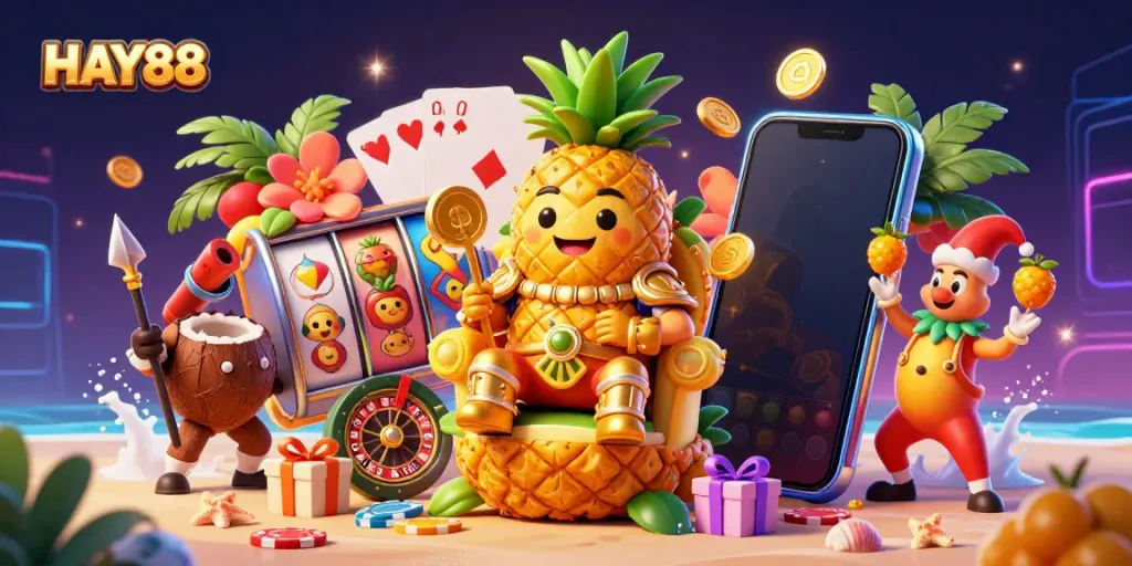 Engage with vibrant casino fun at HAY88 featuring a golden pineapple king and exciting games.