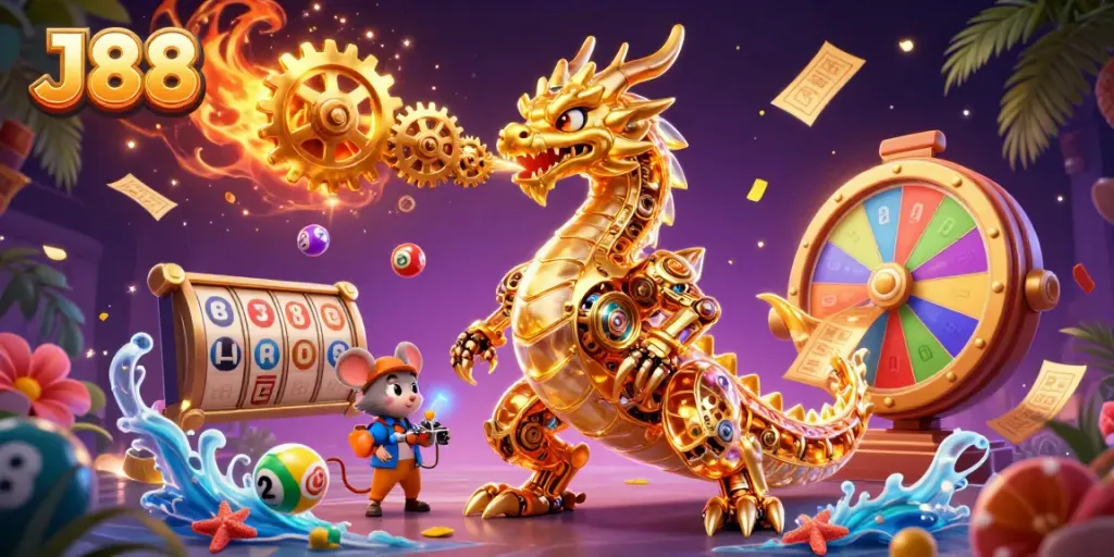 Engage with the exciting world of J88 as a golden dragon breathes cogs, surrounded by dynamic gaming elements.