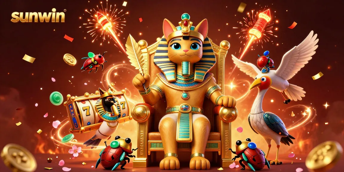 Experience the thrilling games at sunwin with a vibrant scene of casino excitement featuring a pharaoh cat, slot reels, and rich decorations.