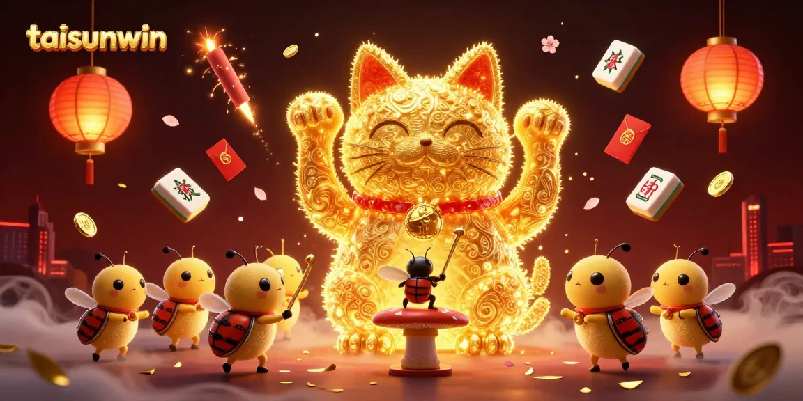 Engage with taisunwin's vibrant illustration of a lucky cat amidst casino symbols and festive elements.