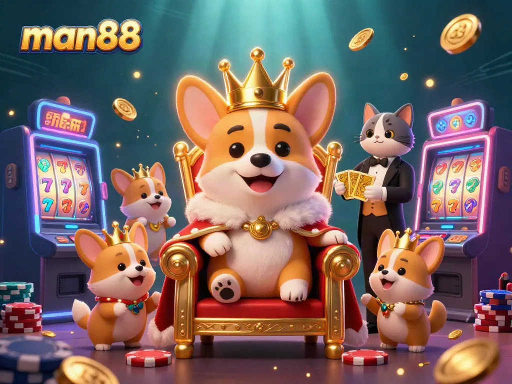 Experience the thrill of man88 with royal corgis in a vibrant casino scene with lively game elements.