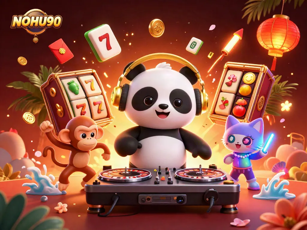 Engage with NOHU90's vibrant 3D casino scene featuring lively gaming elements and dynamic characters.