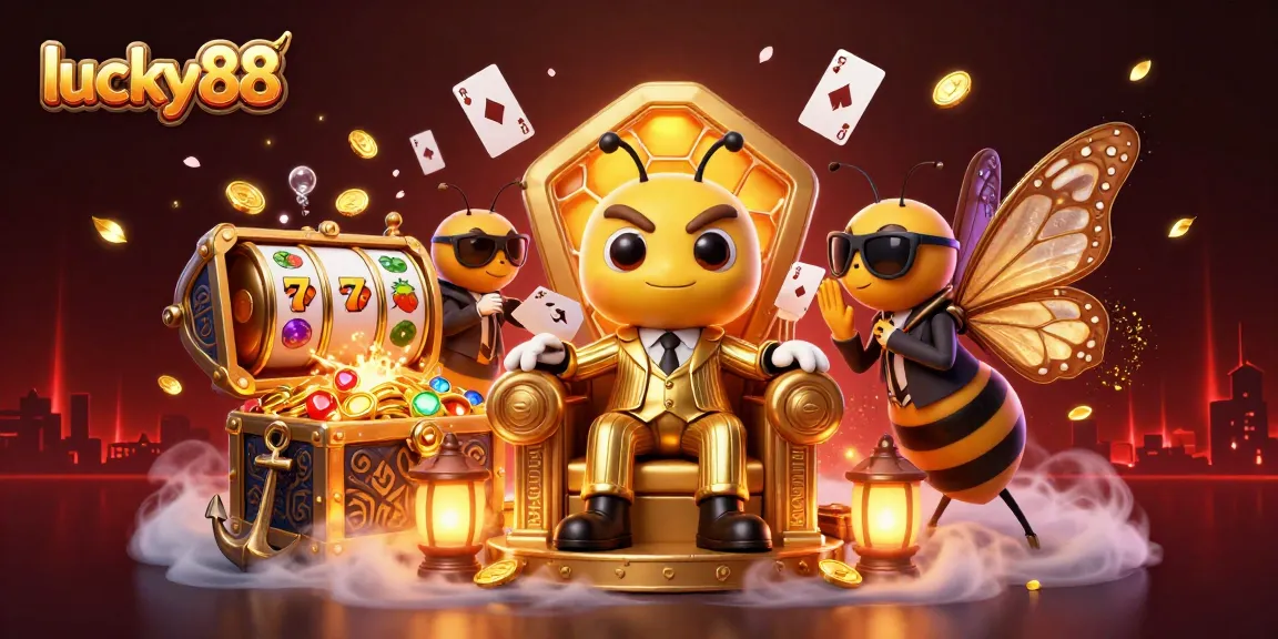 Play lucky88 in a vibrant casino scene featuring cartoon characters and colorful slot elements.