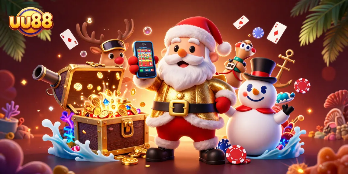 Experience the excitement of uu88 slots with Santa and friends amidst dynamic casino elements.