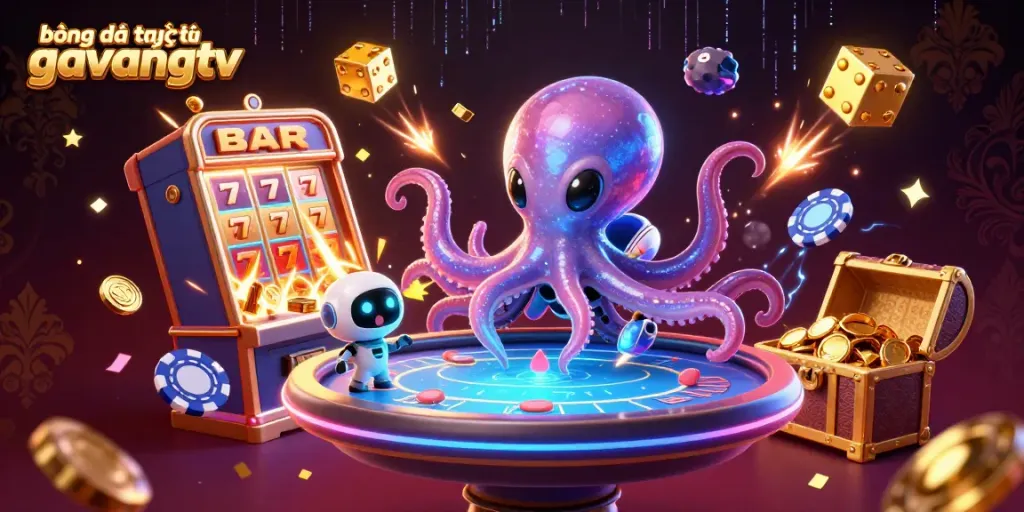 Engaging 3D scene of an octopus and robot gaming at a poker table showcasing bóng đá trực tuyến gavangtv.