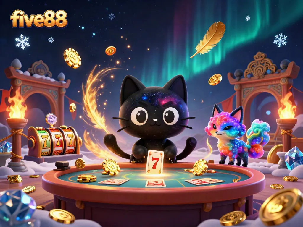 Experience the cosmic wonder of five88 with a captivating casino scene featuring vibrant characters and dynamic gambling elements.