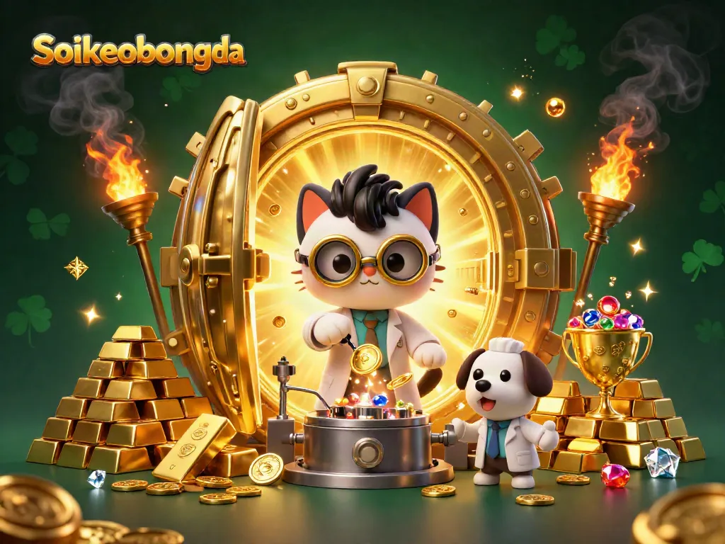 Immerse in Soikeobongda's vibrant casino scene with gold bars, gems, and lively characters.