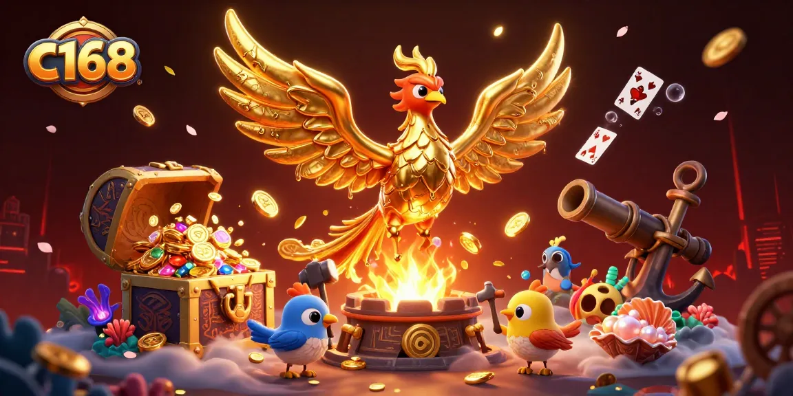 C168 players experience riches as molten golden phoenix showers coins amidst vibrant gaming elements.