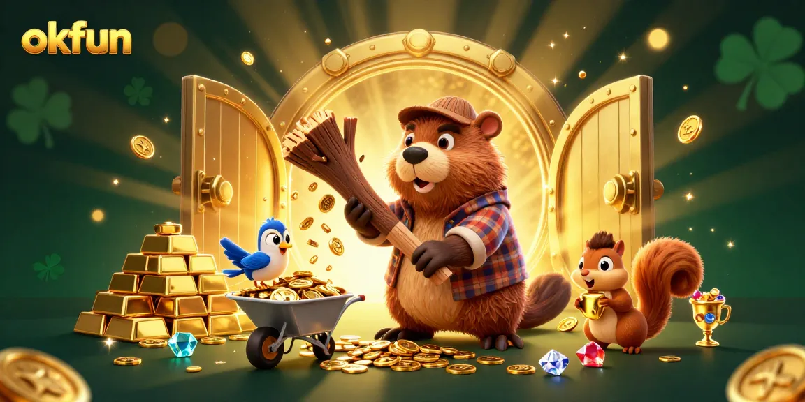 Winning big at okfun with cartoon characters collecting golden coins and treasures in a dynamic casino scene.
