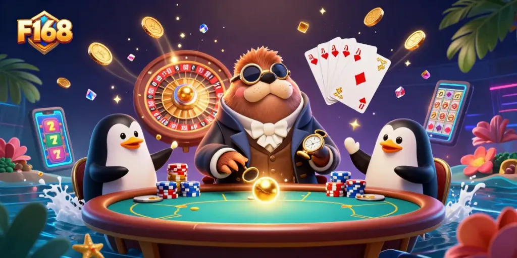 Play exciting F168 casino games in this vibrant underwater scene with unique characters.